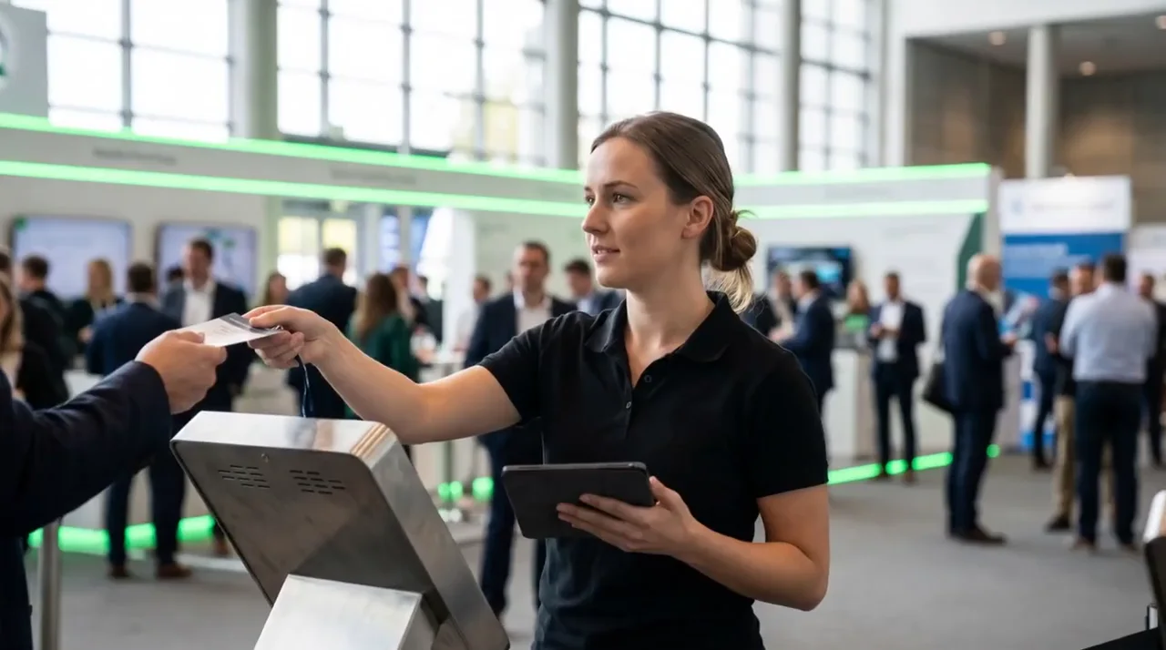 Atendimento com tablet no credenciamento de um congresso
