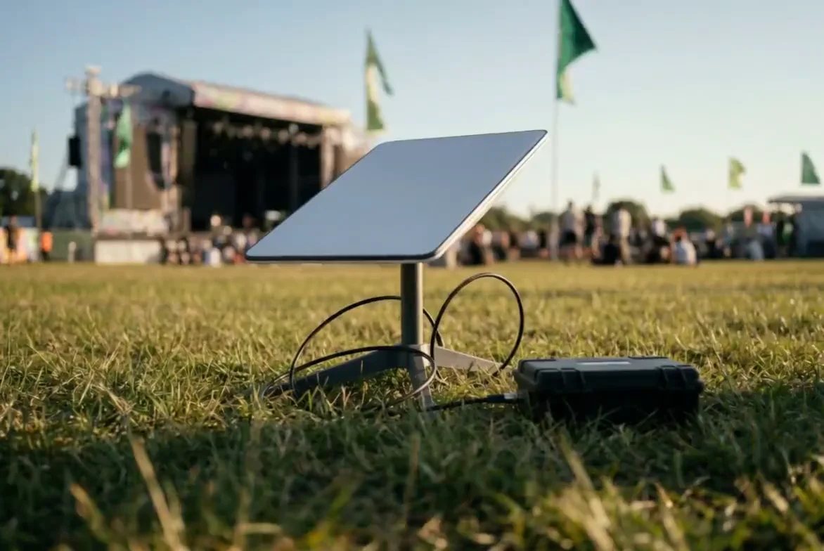 Antena Starlink instalada ao lado de estrutura de evento ao ar livre