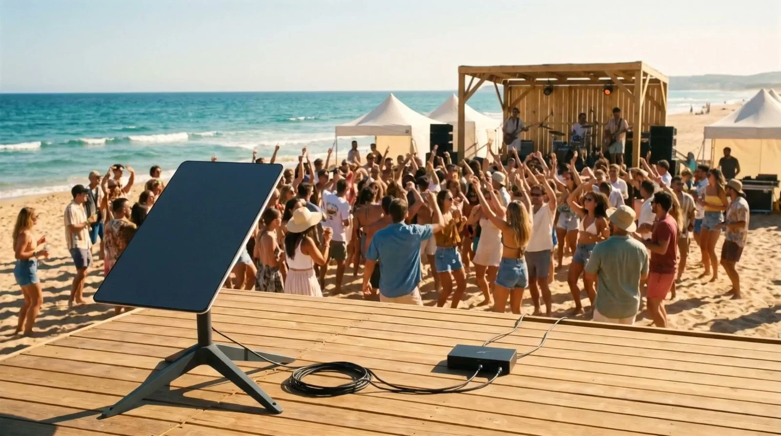 Antena Starlink junto à estrutura de um evento na praia