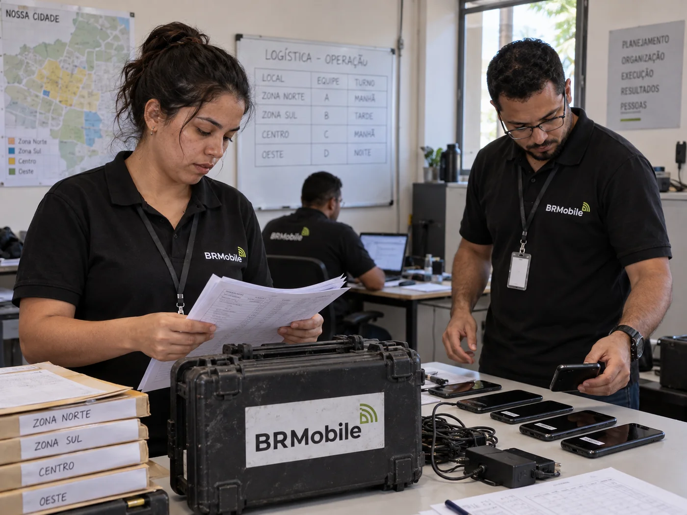 Equipe preparando e distribuindo celulares BR Mobile para apoio operacional, sem equipamentos de votação