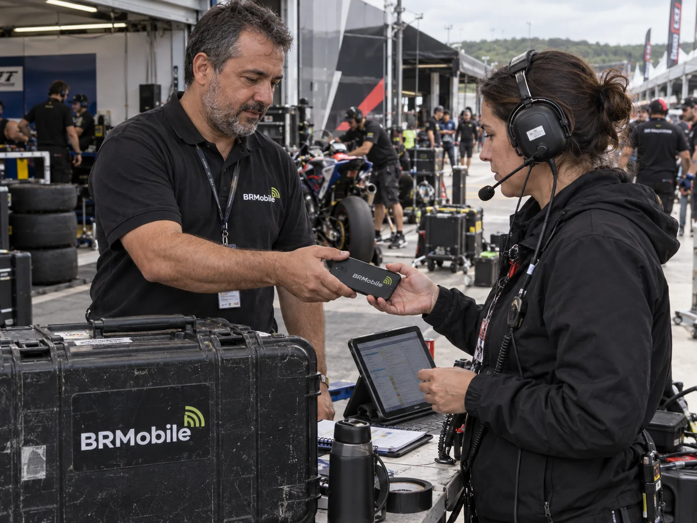 Entrega de celular BR Mobile à produção de um evento de motociclismo no paddock
