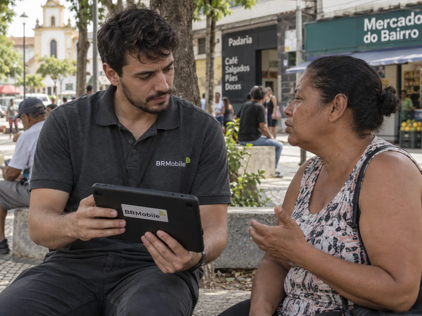 Pesquisador usando tablet identificado BR Mobile em entrevista presencial numa praça