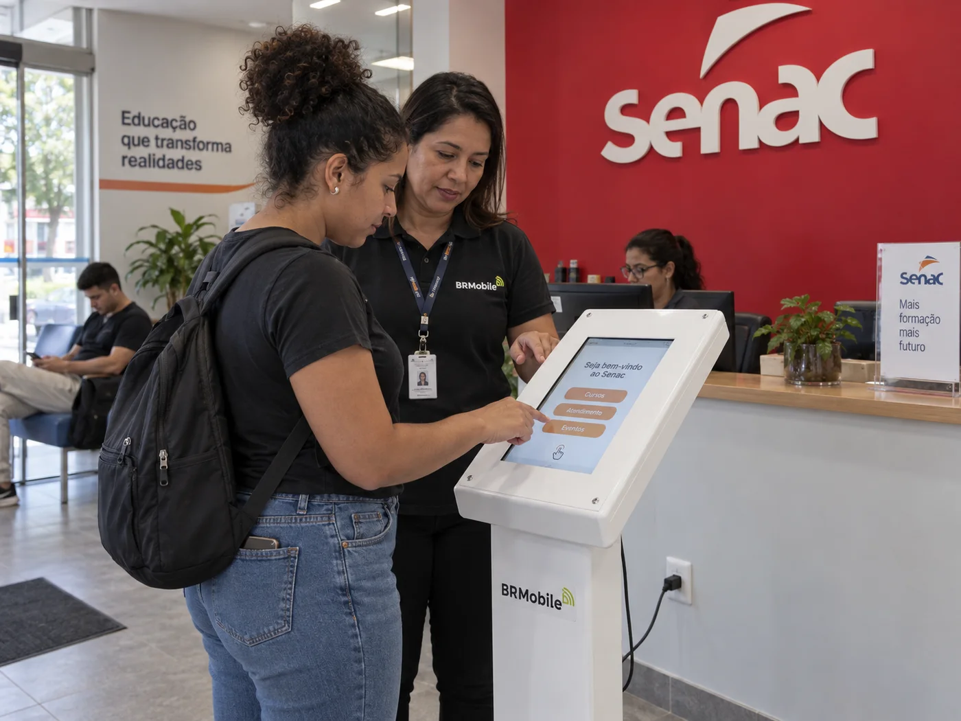 Atendimento no Senac com aluno usando totem branco identificado BR Mobile