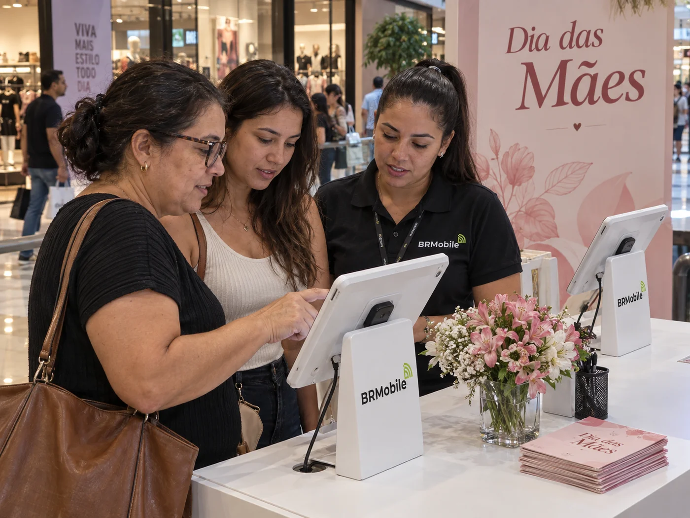 Ativação de Dia das Mães em shopping com cliente usando totem identificado BR Mobile