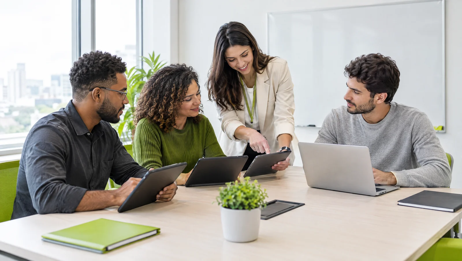 Profissionais trabalhando com notebooks e tablets