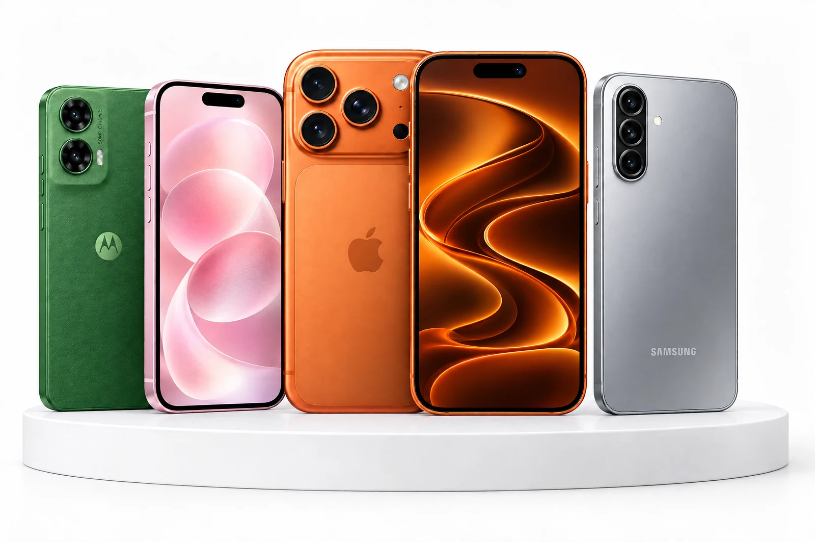 iPhone 17 Pro Max laranja, iPhone 15, Moto G35 e Galaxy A17, nas cores dos aparelhos