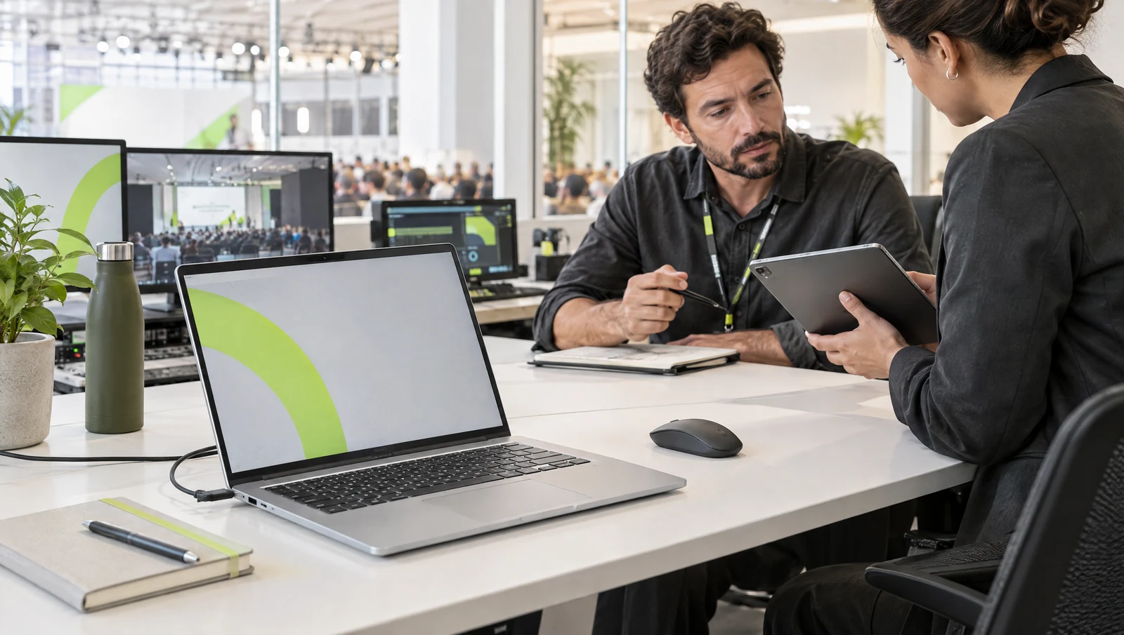 Estação de trabalho com notebook para coordenação de evento