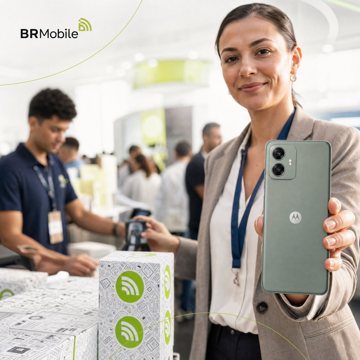 Profissional com um smartphone e equipe preparando equipamentos ao fundo