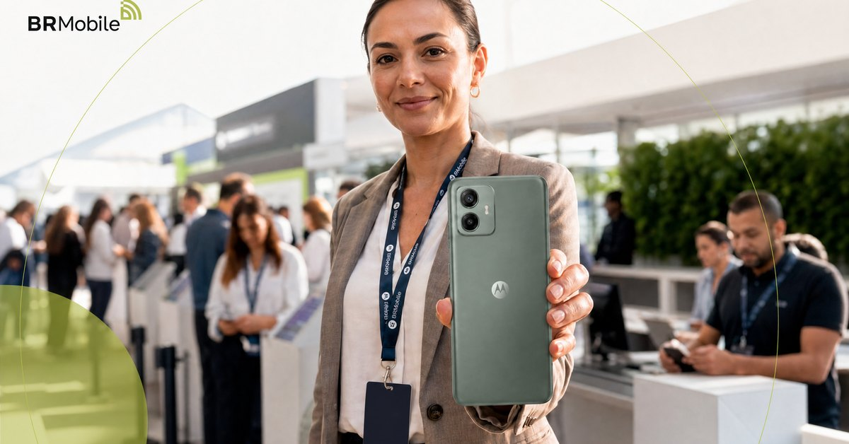 Profissional de atendimento apresentando um smartphone Motorola