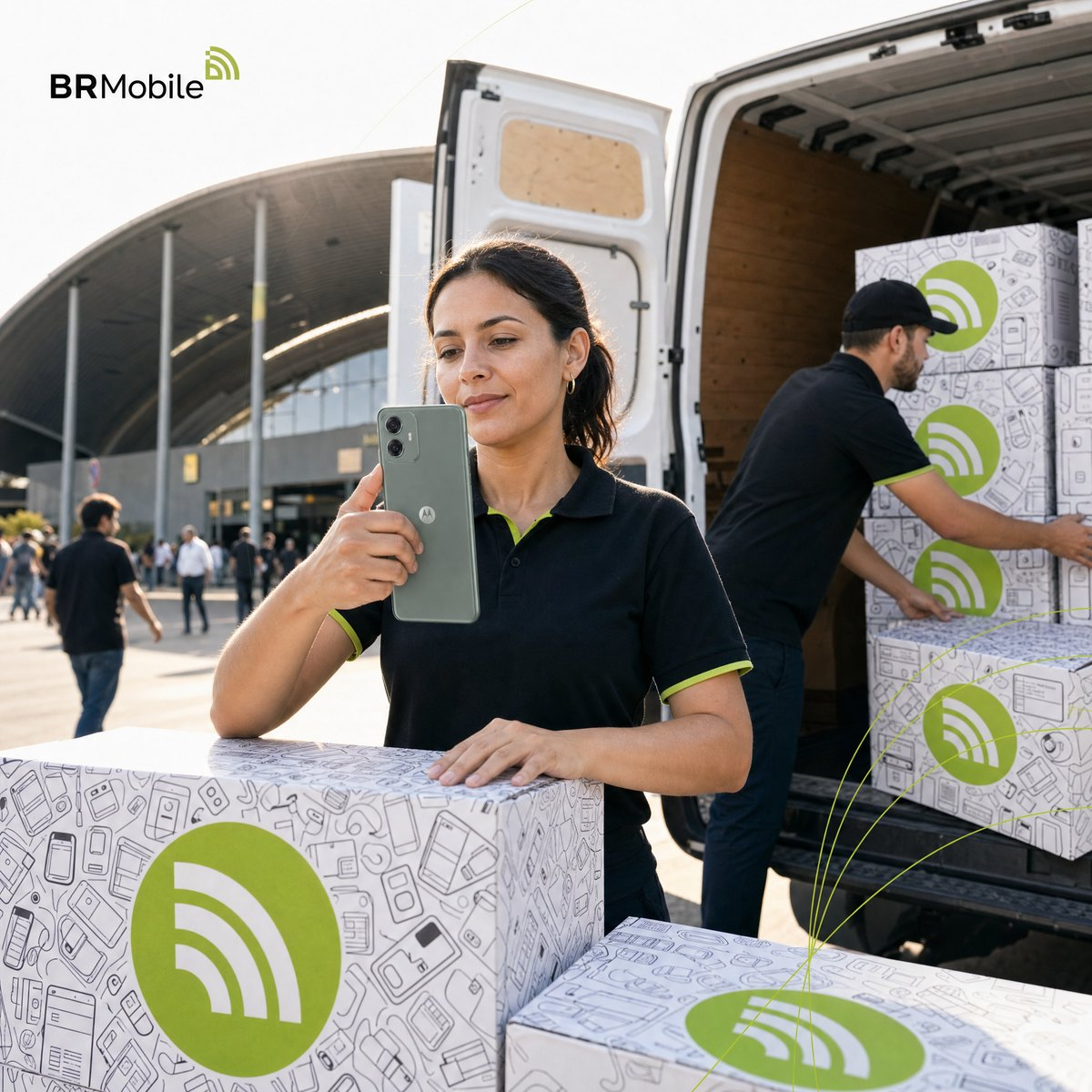 Profissional conferindo a entrega com um smartphone ao lado de caixas da BR Mobile