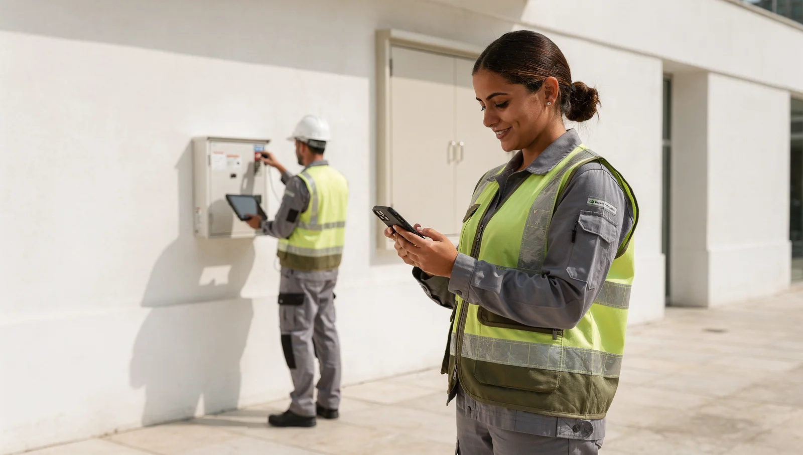 Técnicos registram uma inspeção externa usando smartphone em uma área segura