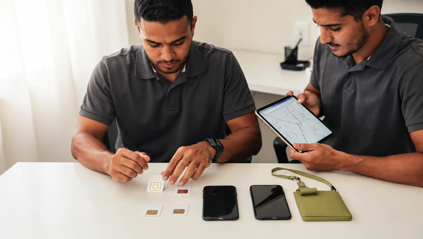 Coordenador prepara chips físicos e smartphones para uma equipe externa