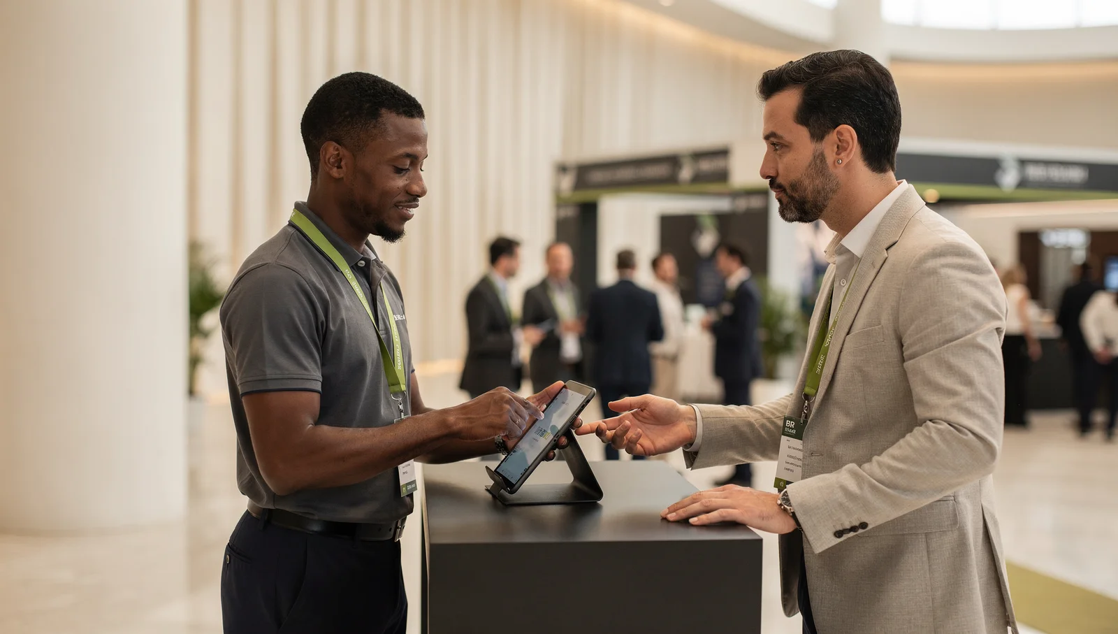 Atendimento com tablet no credenciamento de um evento corporativo