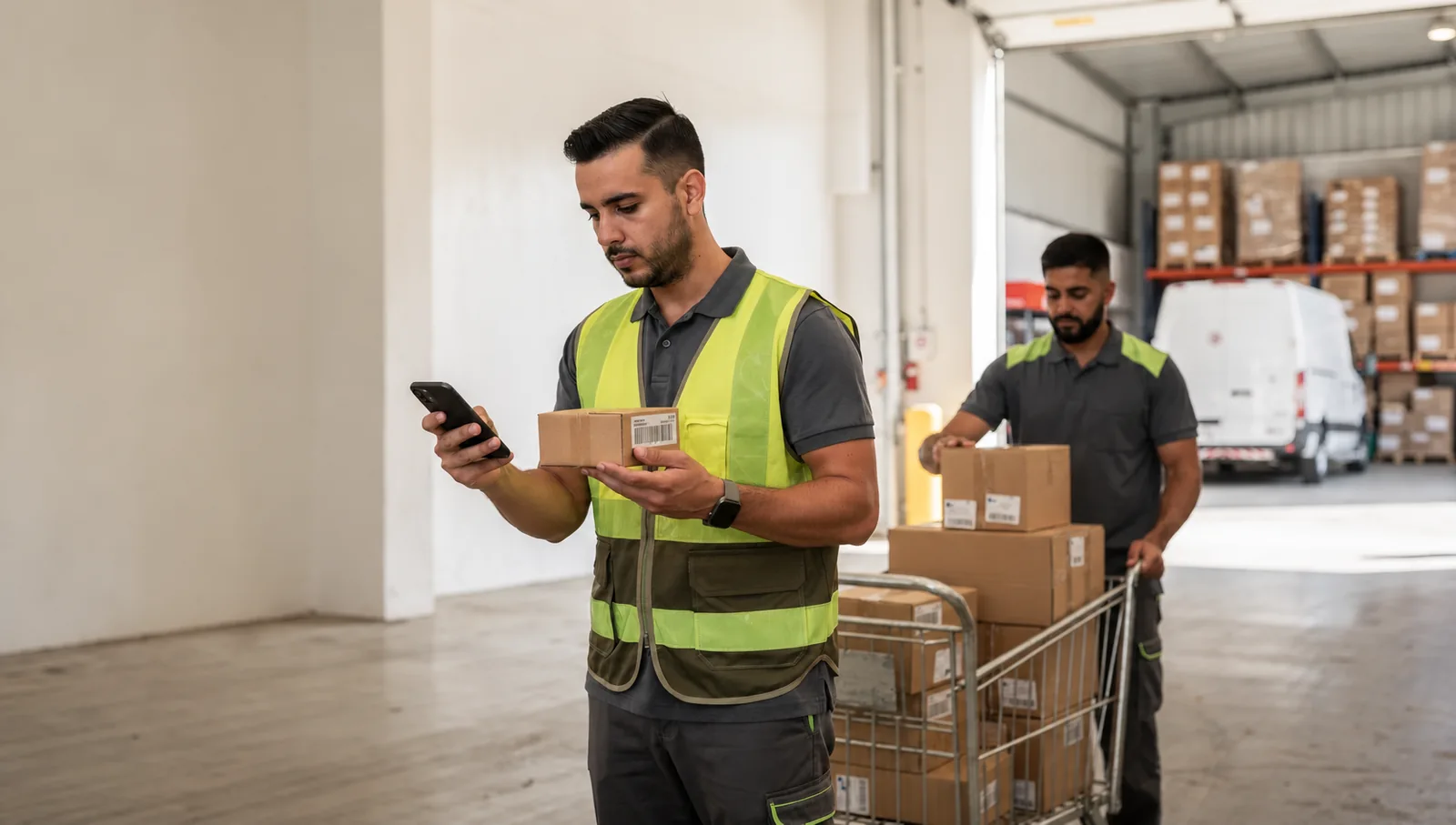 Equipe de distribuição confere uma encomenda com smartphone na expedição