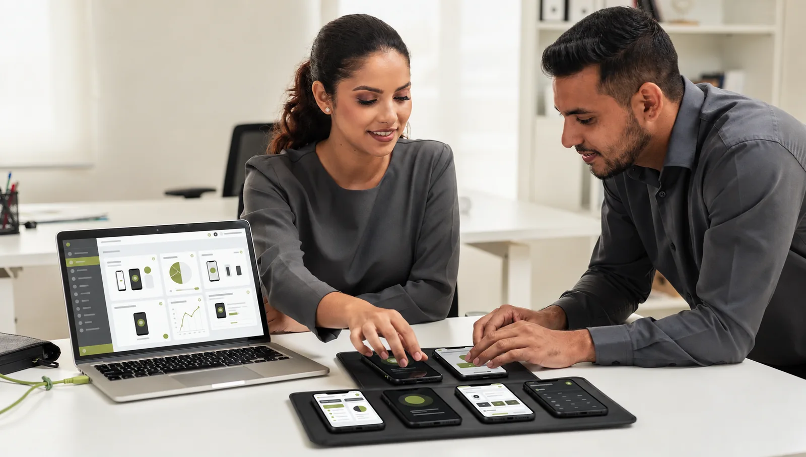 Equipe de TI prepara smartphones e tablets junto a um notebook de administração