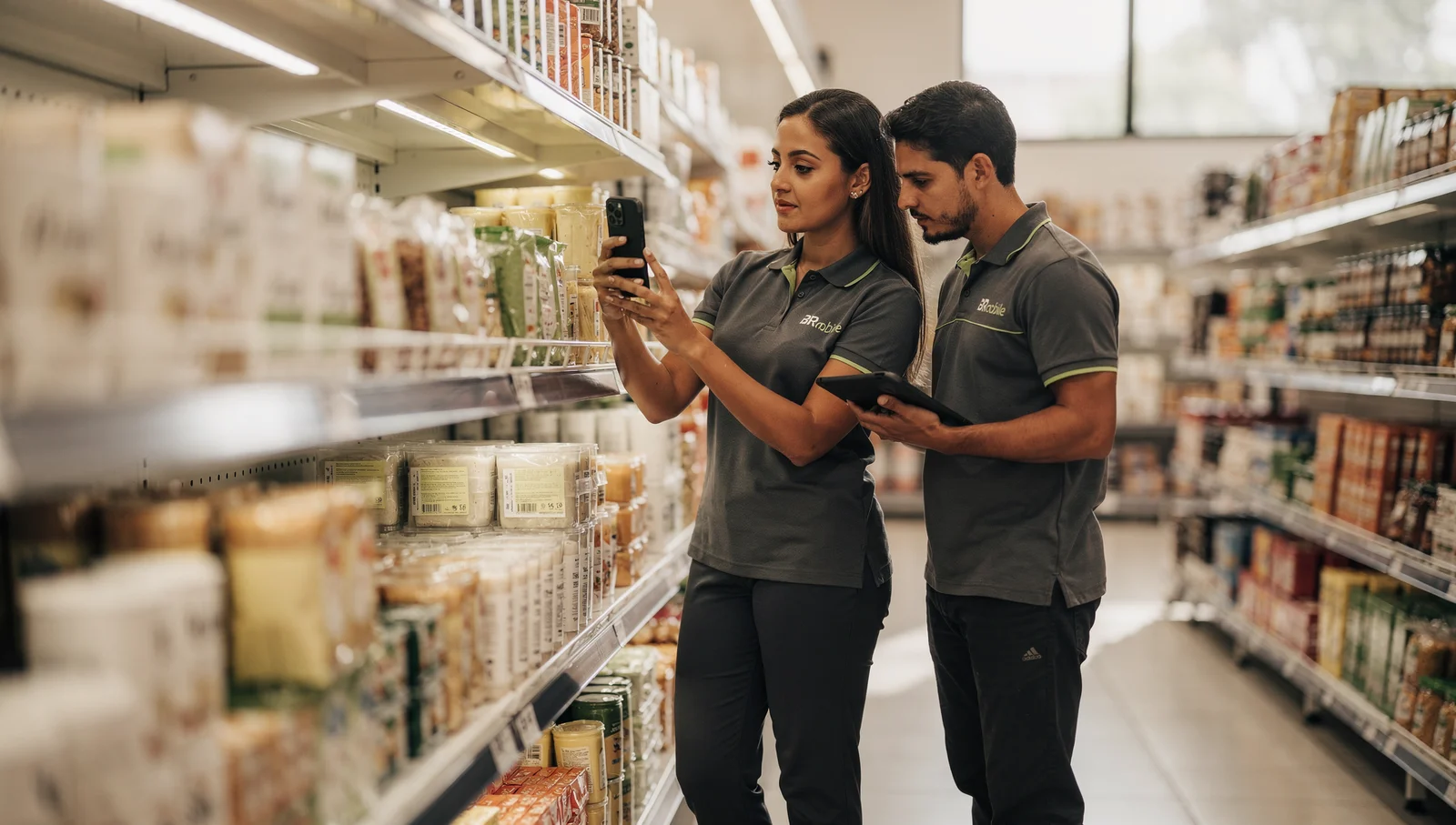 Promotora registra a gôndola com smartphone enquanto o coordenador consulta um tablet