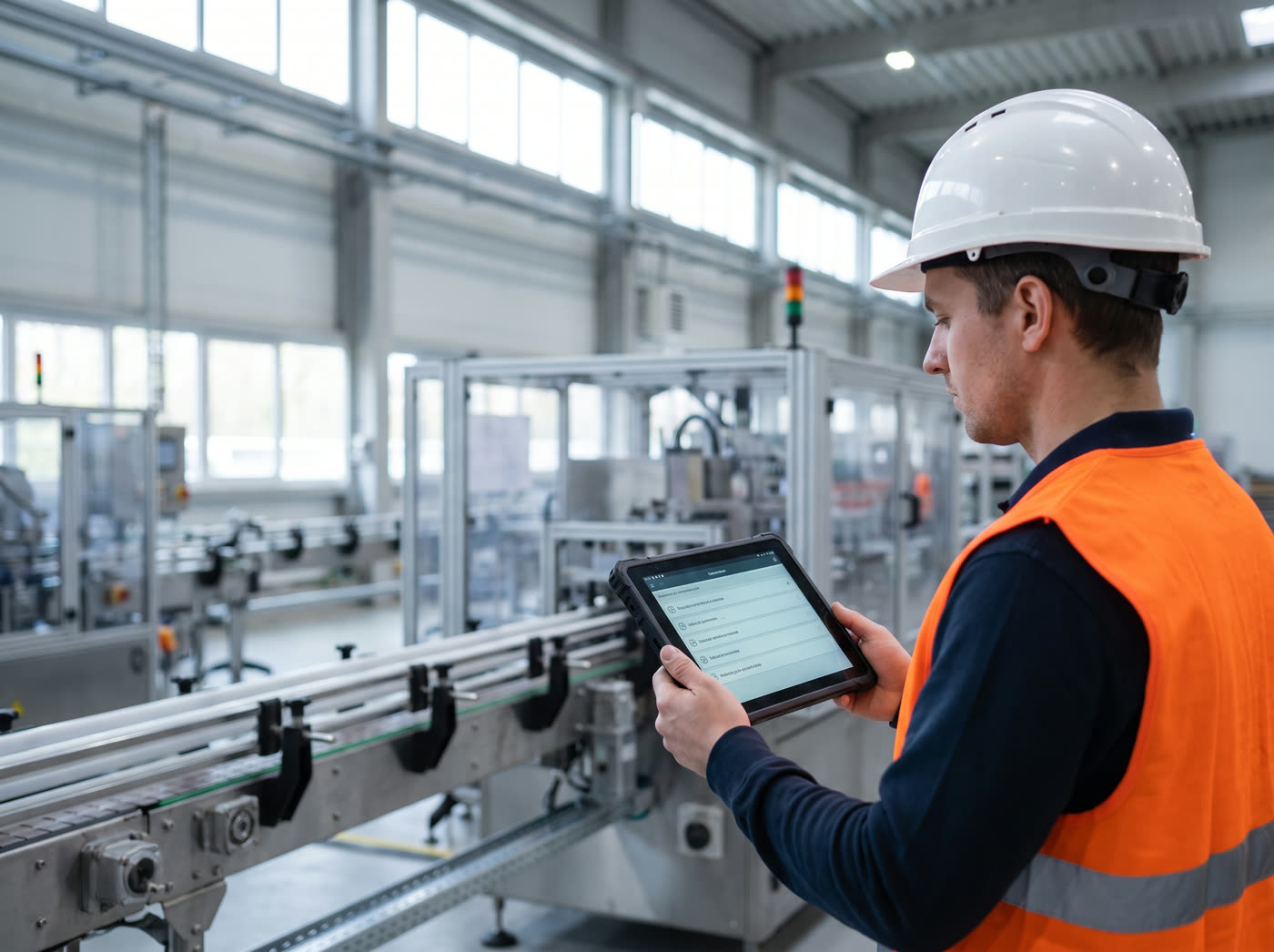 Profissional consultando um tablet em ambiente industrial